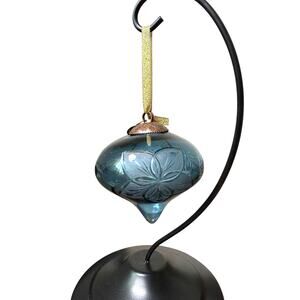 Seasons of Cannon‎ Falls Glass Christmas Ornament Blue Teardrop Flower Etch Bulb